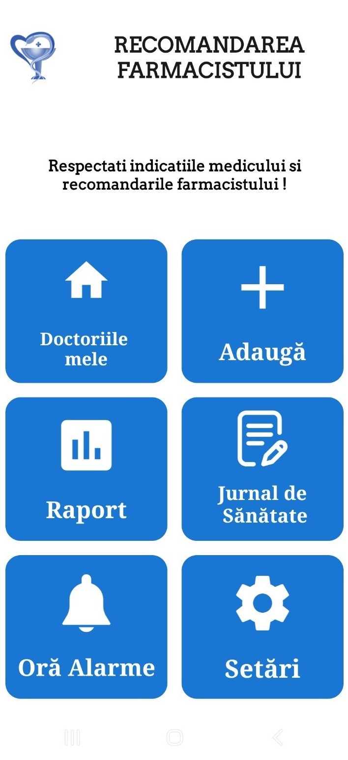 Ecran principal aplicație Recomandarea Farmacistului